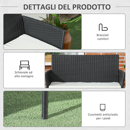 PE Rattan and Steel Outdoor Garden Sofa, 2-Seater with Cushion and Armrests, 100x54x80cm, Black