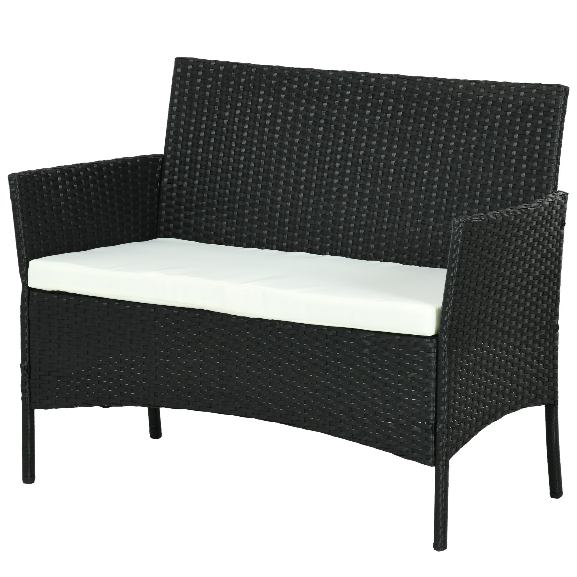 PE Rattan and Steel Outdoor Garden Sofa, 2-Seater with Cushion and Armrests, 100x54x80cm, Black
