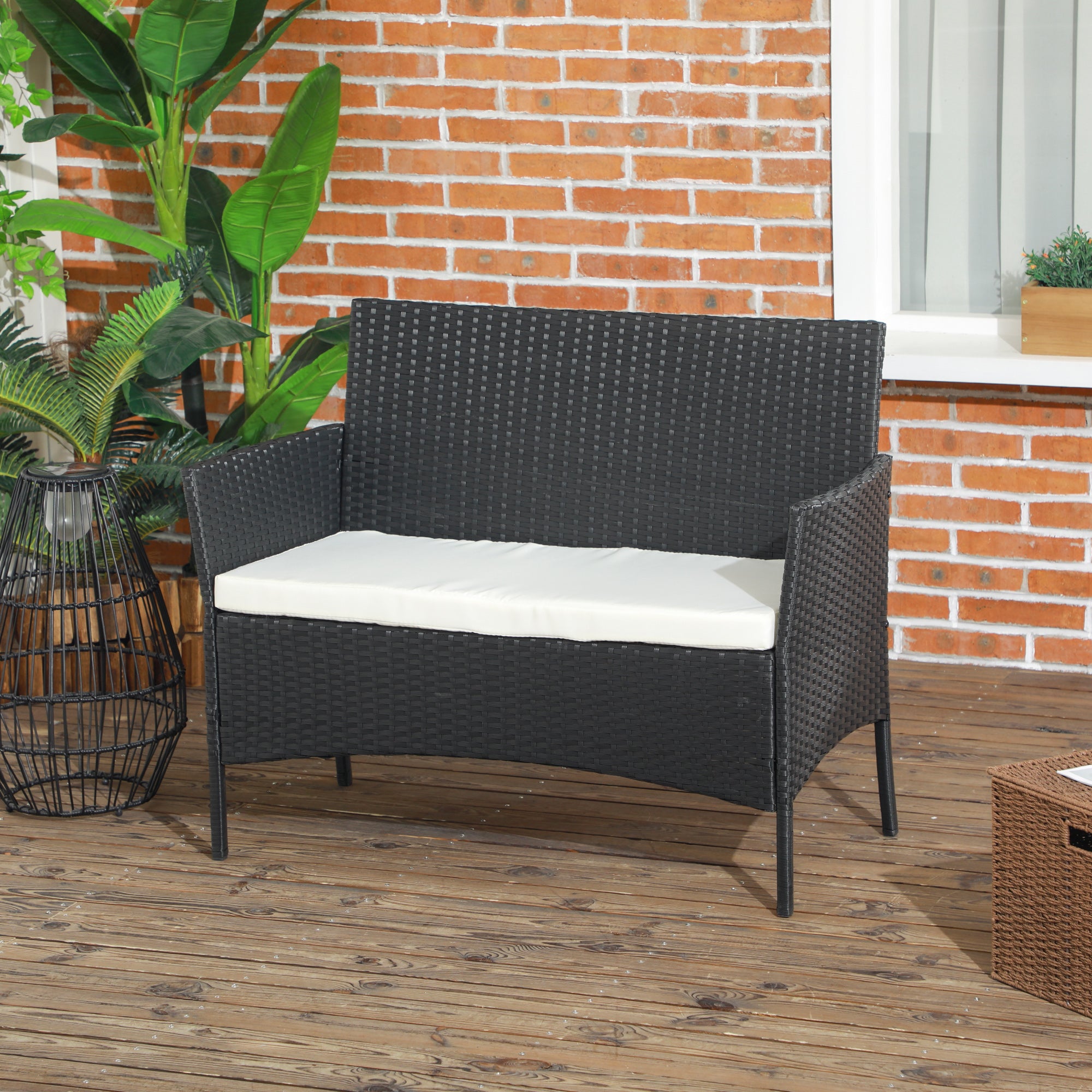 PE Rattan and Steel Outdoor Garden Sofa, 2-Seater with Cushion and Armrests, 100x54x80cm, Black