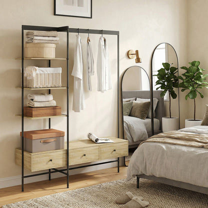 4-in-1 Freestanding Coat Rack with Shelves, Drawers & Hanging Rod — Oak Finish, Metal Frame, Anti-Tip (70.9" H)