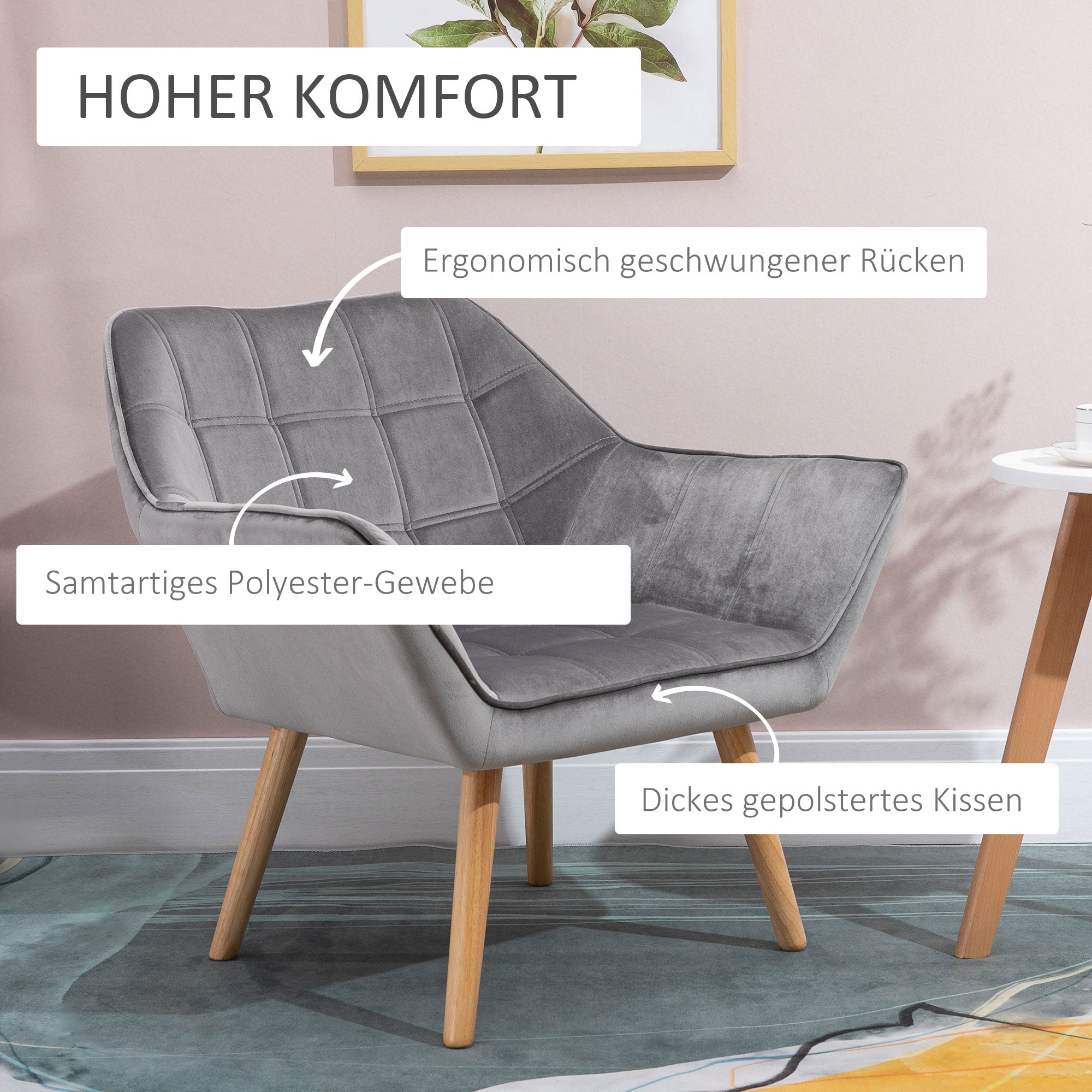 Chair Living Room Wingback Lounge Chair Recliner with Rubberwood Legs, Reading Chair with Velvet Look, Upholstered Chair for Bedroom, Scandinavian, Grey