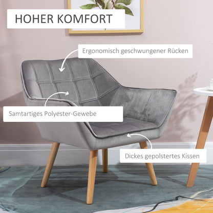 Chair Living Room Wingback Lounge Chair Recliner with Rubberwood Legs, Reading Chair with Velvet Look, Upholstered Chair for Bedroom, Scandinavian, Grey