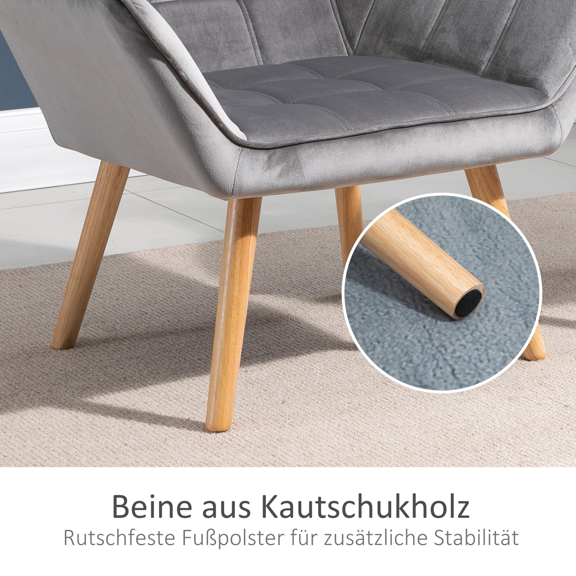Chair Living Room Wingback Lounge Chair Recliner with Rubberwood Legs, Reading Chair with Velvet Look, Upholstered Chair for Bedroom, Scandinavian, Grey
