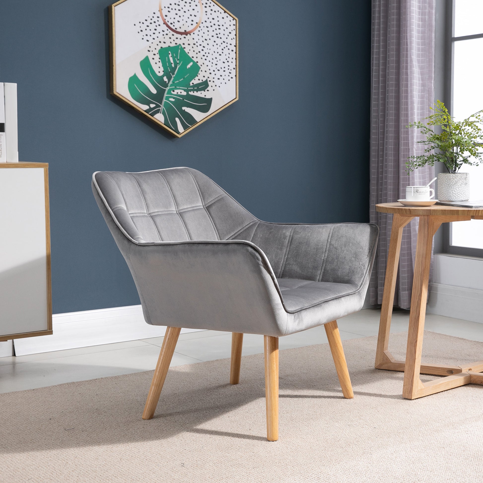 Chair Living Room Wingback Lounge Chair Recliner with Rubberwood Legs, Reading Chair with Velvet Look, Upholstered Chair for Bedroom, Scandinavian, Grey