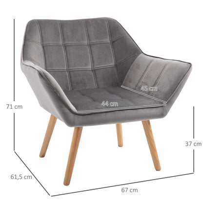 Chair Living Room Wingback Lounge Chair Recliner with Rubberwood Legs, Reading Chair with Velvet Look, Upholstered Chair for Bedroom, Scandinavian, Grey