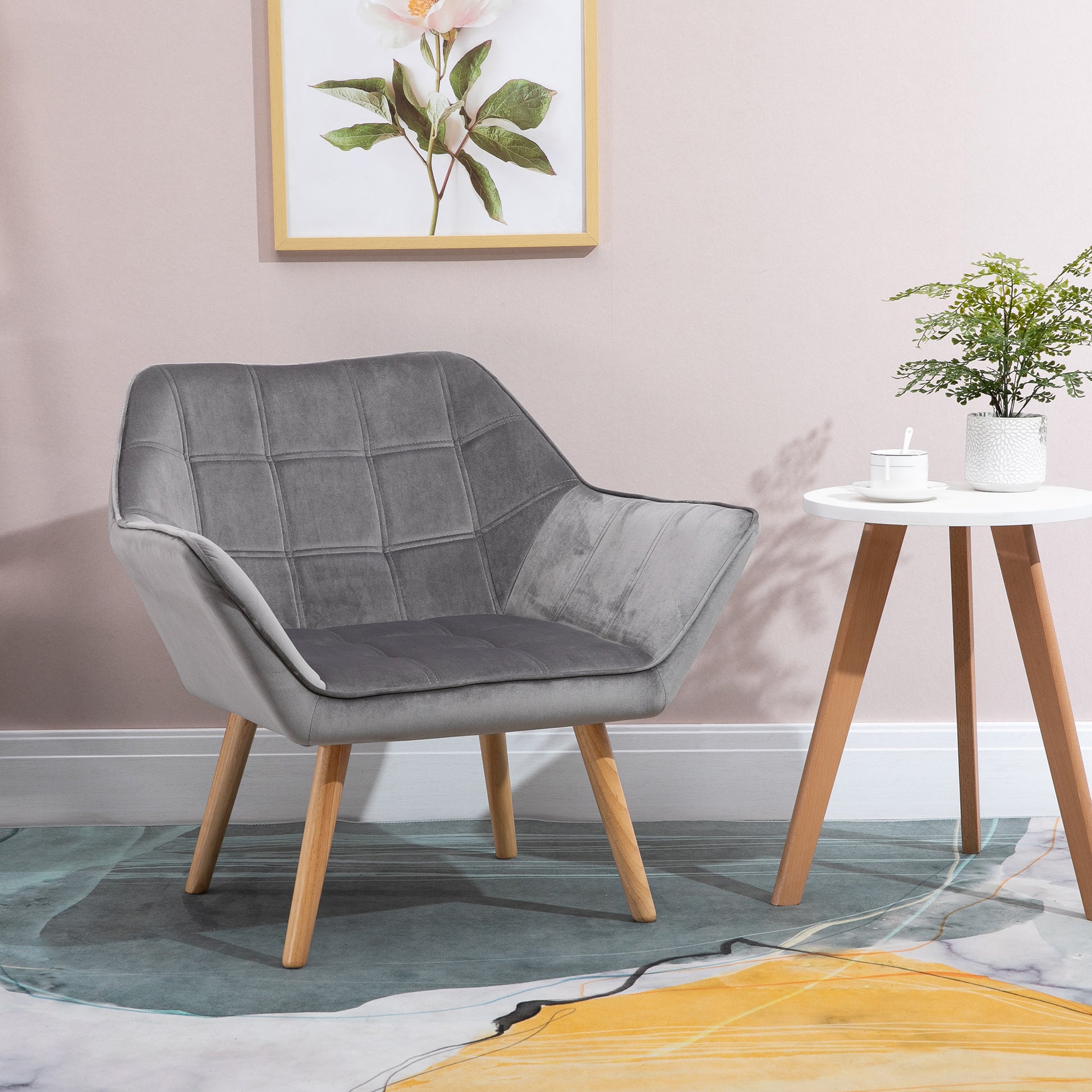 Chair Living Room Wingback Lounge Chair Recliner with Rubberwood Legs, Reading Chair with Velvet Look, Upholstered Chair for Bedroom, Scandinavian, Grey