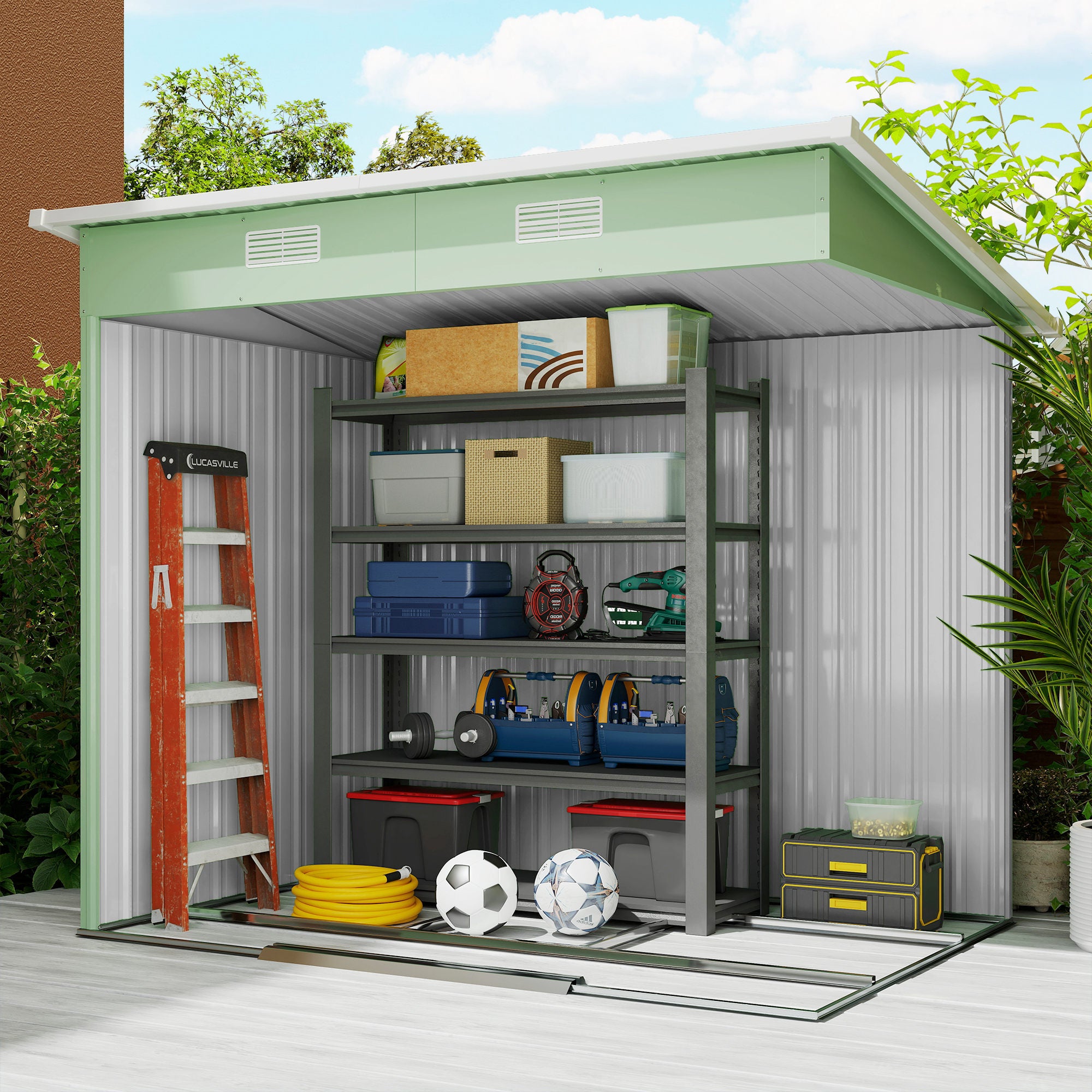 Metal Garden Shed 2.3m² 207 x 130 x 182 cm Tool Shed with Pent Roof Window Foundation Sliding Doors Weatherproof Garden Outdoor Shed for Backyard Green