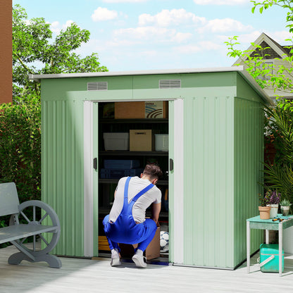 Metal Garden Shed 2.3m² 207 x 130 x 182 cm Tool Shed with Pent Roof Window Foundation Sliding Doors Weatherproof Garden Outdoor Shed for Backyard Green