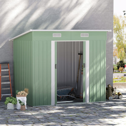 Metal Garden Shed 2.3m² 207 x 130 x 182 cm Tool Shed with Pent Roof Window Foundation Sliding Doors Weatherproof Garden Outdoor Shed for Backyard Green