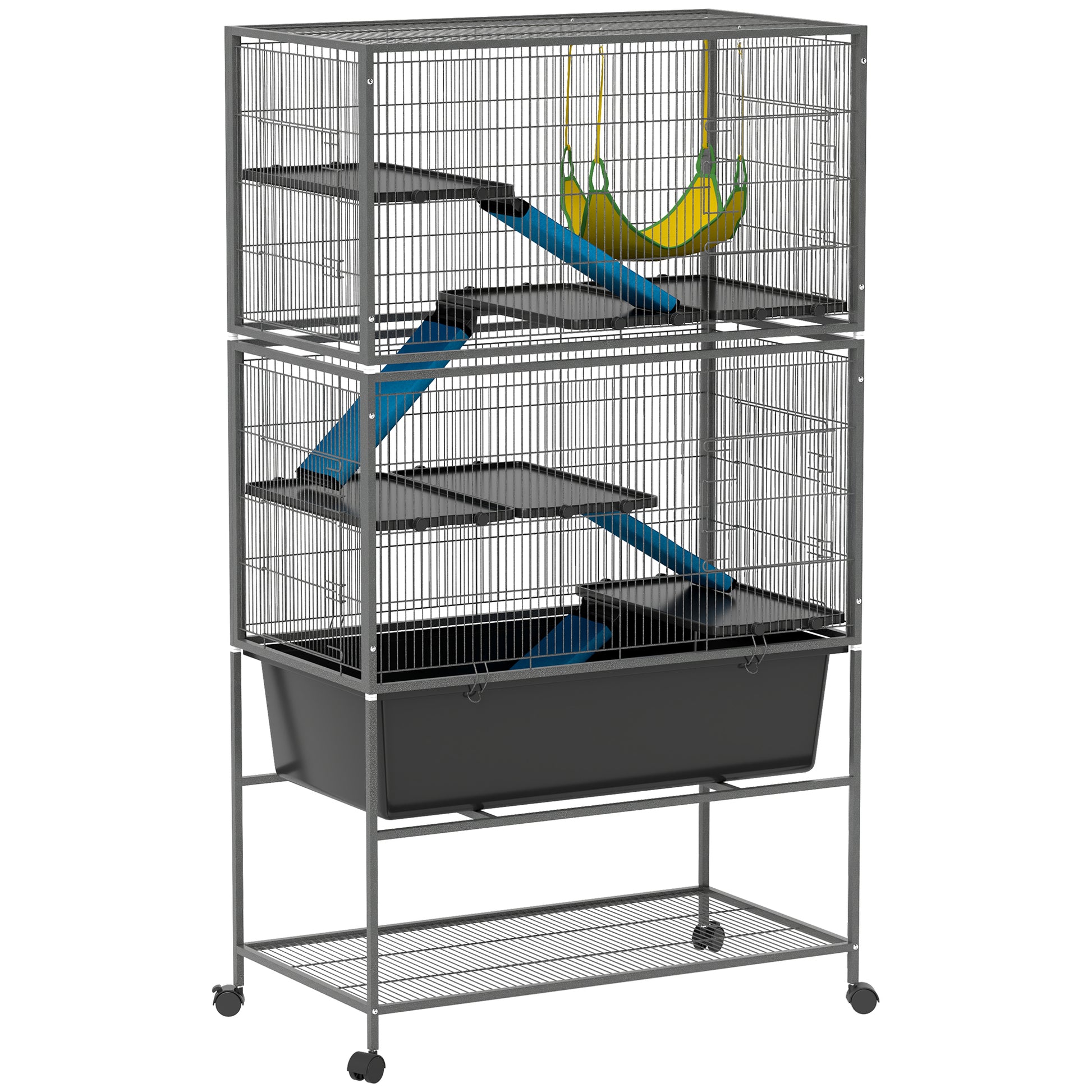 Small Animal Cage, Rodent Cage Ferret Cage with Pull-Out Tray Mouse Cage with Ramps, Hammock, Wheels, Shelf, Cage with Accessories for Squirrels, Dwarf Hamsters, Chinchillas Dark Gray