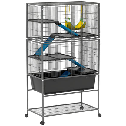 Small Animal Cage, Rodent Cage Ferret Cage with Pull-Out Tray Mouse Cage with Ramps, Hammock, Wheels, Shelf, Cage with Accessories for Squirrels, Dwarf Hamsters, Chinchillas Dark Gray
