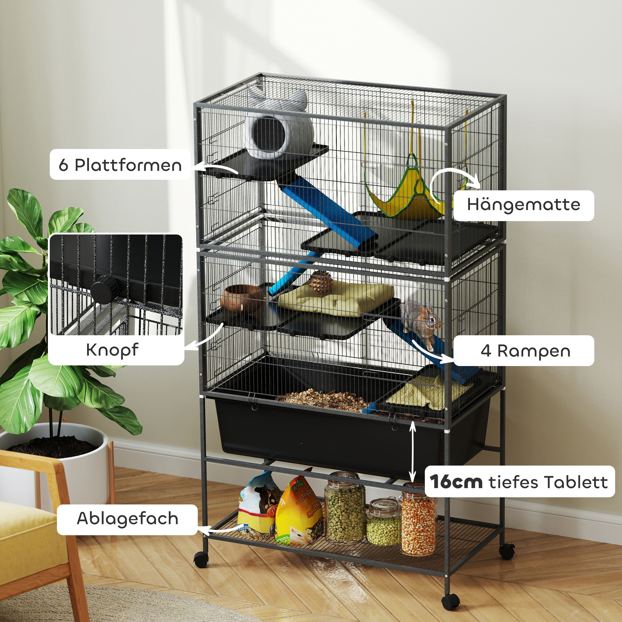 Small Animal Cage, Rodent Cage Ferret Cage with Pull-Out Tray Mouse Cage with Ramps, Hammock, Wheels, Shelf, Cage with Accessories for Squirrels, Dwarf Hamsters, Chinchillas Dark Gray