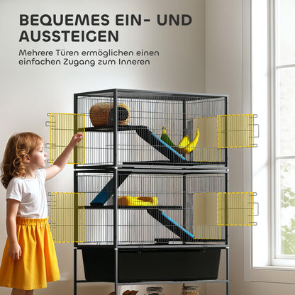 Small Animal Cage, Rodent Cage Ferret Cage with Pull-Out Tray Mouse Cage with Ramps, Hammock, Wheels, Shelf, Cage with Accessories for Squirrels, Dwarf Hamsters, Chinchillas Dark Gray