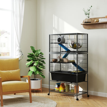 Small Animal Cage, Rodent Cage Ferret Cage with Pull-Out Tray Mouse Cage with Ramps, Hammock, Wheels, Shelf, Cage with Accessories for Squirrels, Dwarf Hamsters, Chinchillas Dark Gray