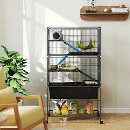 Small Animal Cage, Rodent Cage Ferret Cage with Pull-Out Tray Mouse Cage with Ramps, Hammock, Wheels, Shelf, Cage with Accessories for Squirrels, Dwarf Hamsters, Chinchillas Dark Gray