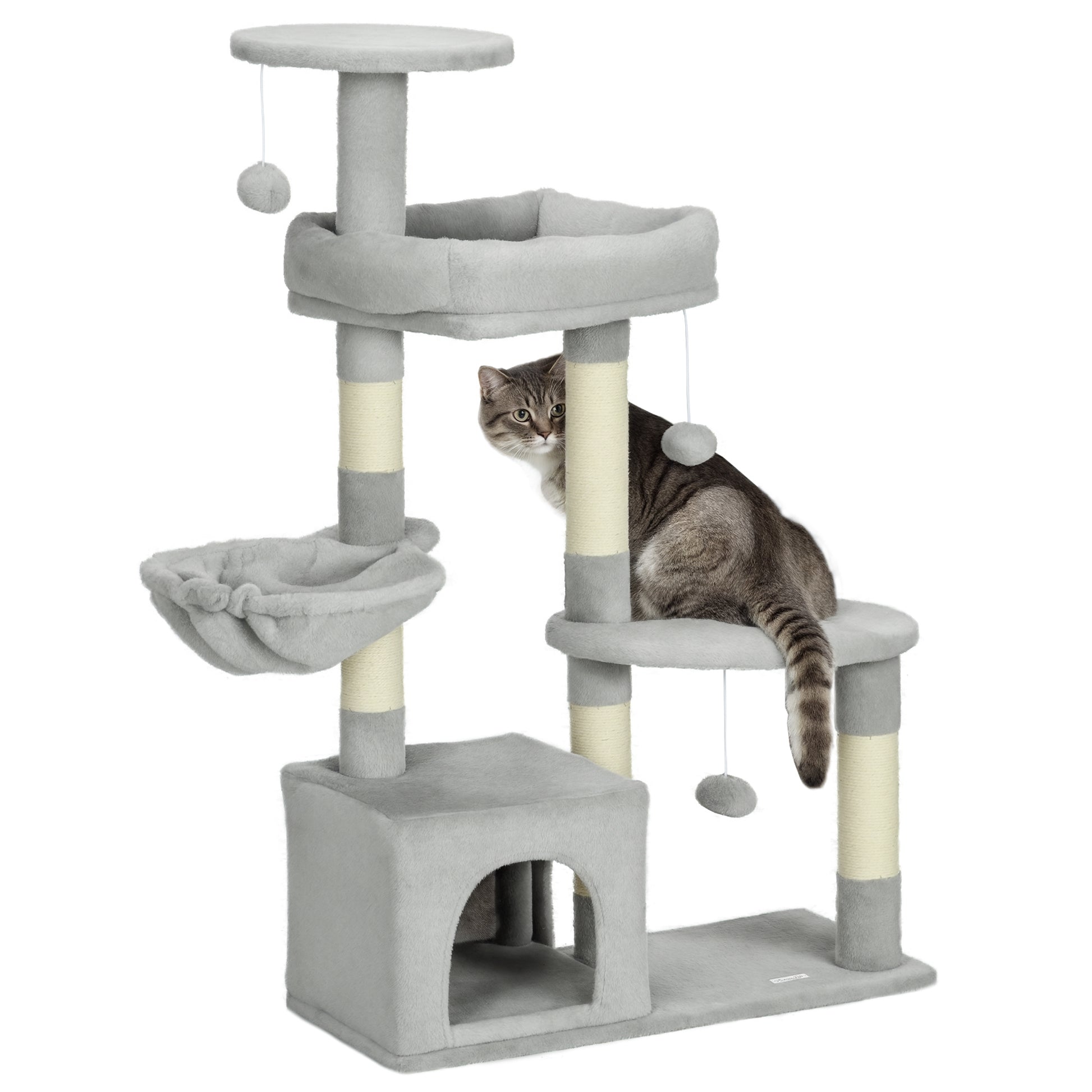 Cat Tree Climbing Scratching Post for Cat Height 104 cm Multi-Level Activity Center Reinforced Columns 3 Hanging Balls Light Grey