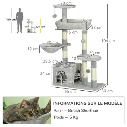 Cat Tree Climbing Scratching Post for Cat Height 104 cm Multi-Level Activity Center Reinforced Columns 3 Hanging Balls Light Grey