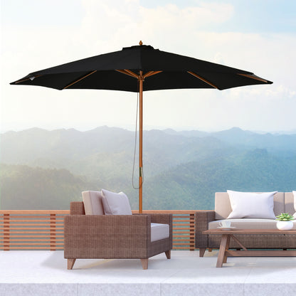 Sun Umbrella Ø 300 cm, Sun Umbrella with UV Protection Balcony Umbrella made of Wood Beach Umbrella Stable Market Umbrella Sun Protection for Beach Terrace Garden, Black