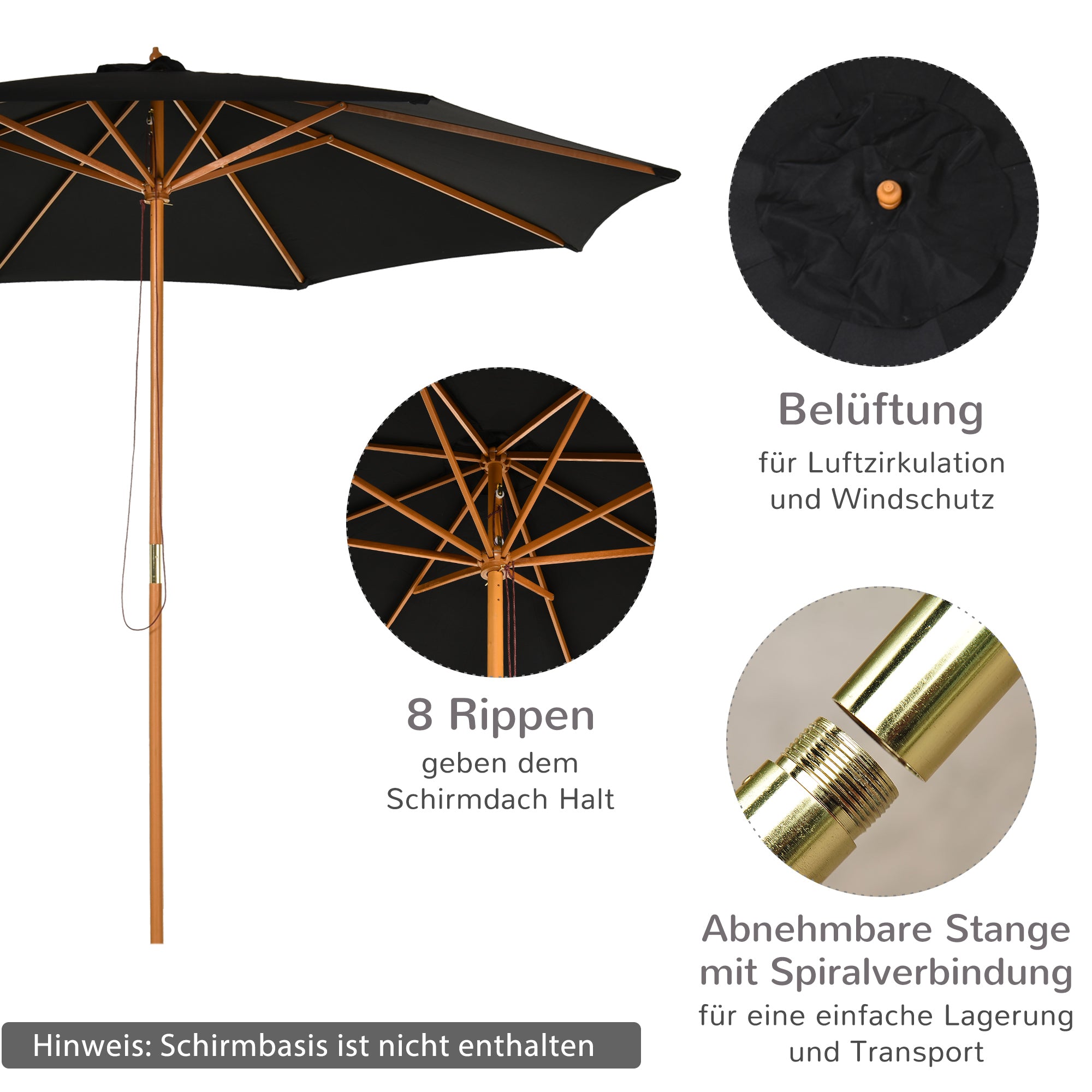 Sun Umbrella Ø 300 cm, Sun Umbrella with UV Protection Balcony Umbrella made of Wood Beach Umbrella Stable Market Umbrella Sun Protection for Beach Terrace Garden, Black