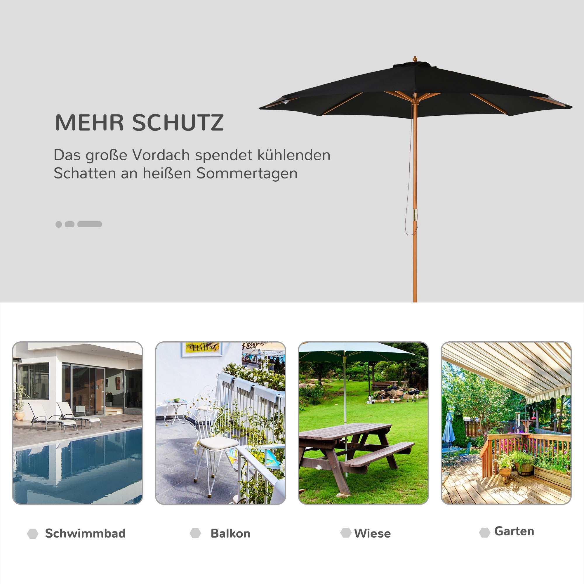Sun Umbrella Ø 300 cm, Sun Umbrella with UV Protection Balcony Umbrella made of Wood Beach Umbrella Stable Market Umbrella Sun Protection for Beach Terrace Garden, Black