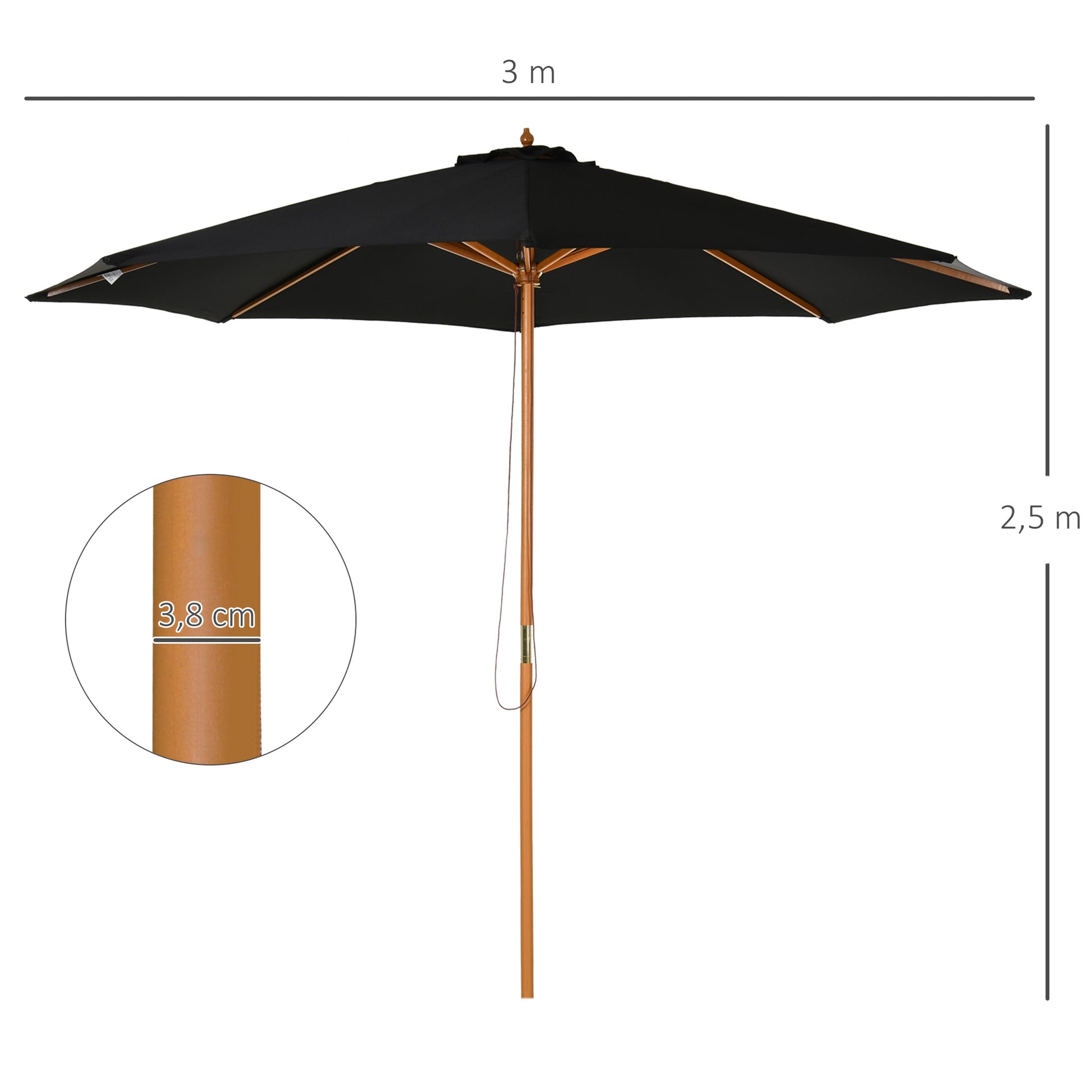 Sun Umbrella Ø 300 cm, Sun Umbrella with UV Protection Balcony Umbrella made of Wood Beach Umbrella Stable Market Umbrella Sun Protection for Beach Terrace Garden, Black