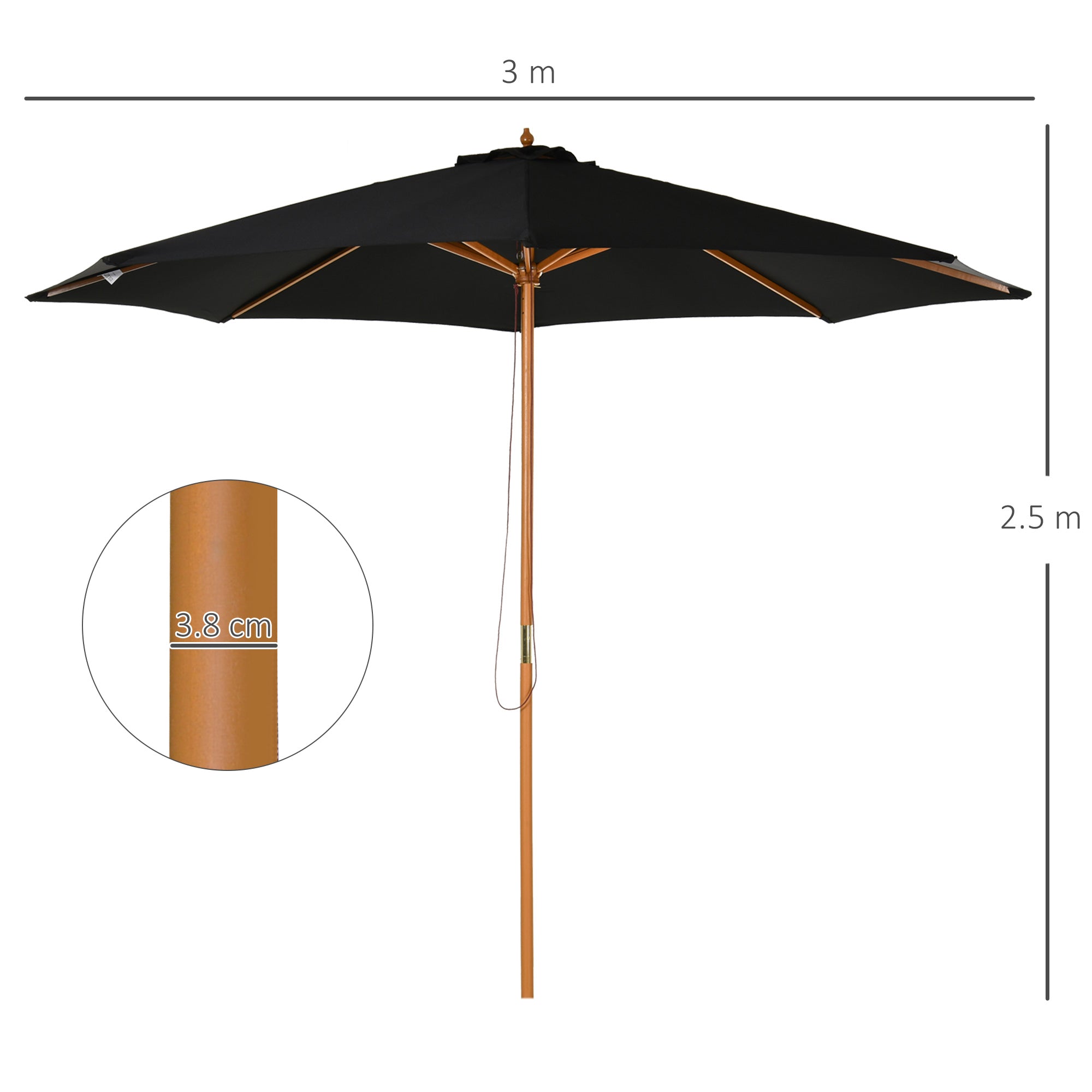 Sun Umbrella Ø 300 cm, Sun Umbrella with UV Protection Balcony Umbrella made of Wood Beach Umbrella Stable Market Umbrella Sun Protection for Beach Terrace Garden, Black