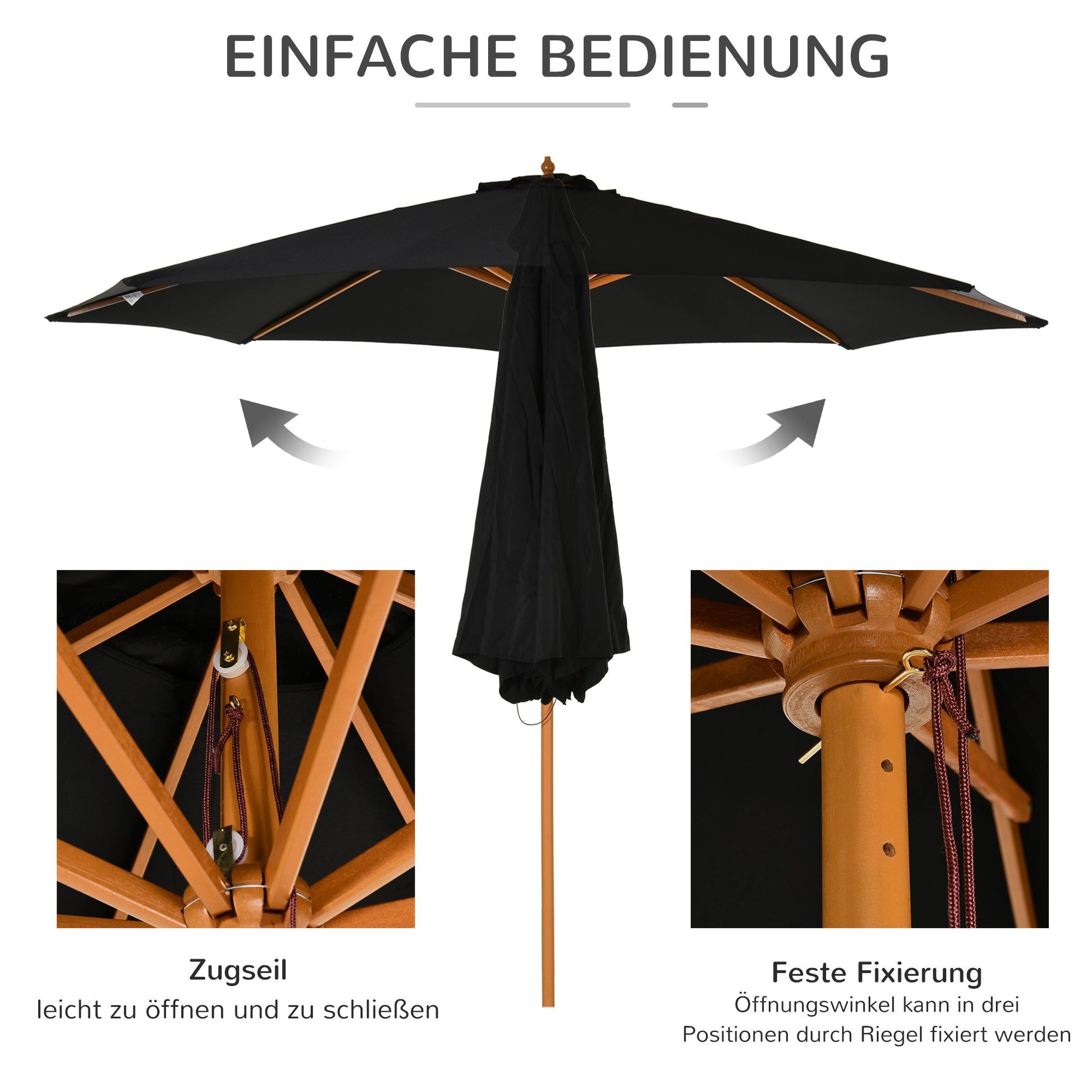 Sun Umbrella Ø 300 cm, Sun Umbrella with UV Protection Balcony Umbrella made of Wood Beach Umbrella Stable Market Umbrella Sun Protection for Beach Terrace Garden, Black