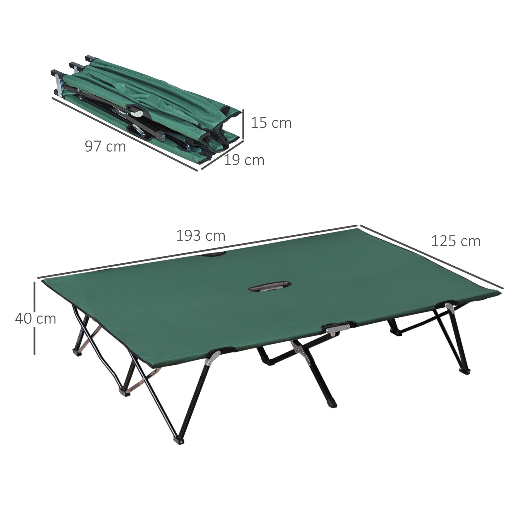 Folding Camping Bed for 2 People Camp Bed with Carry Bag Up to 136 kg Load Capacity Steel Oxford Green+Black 193 x 125 x 40 cm