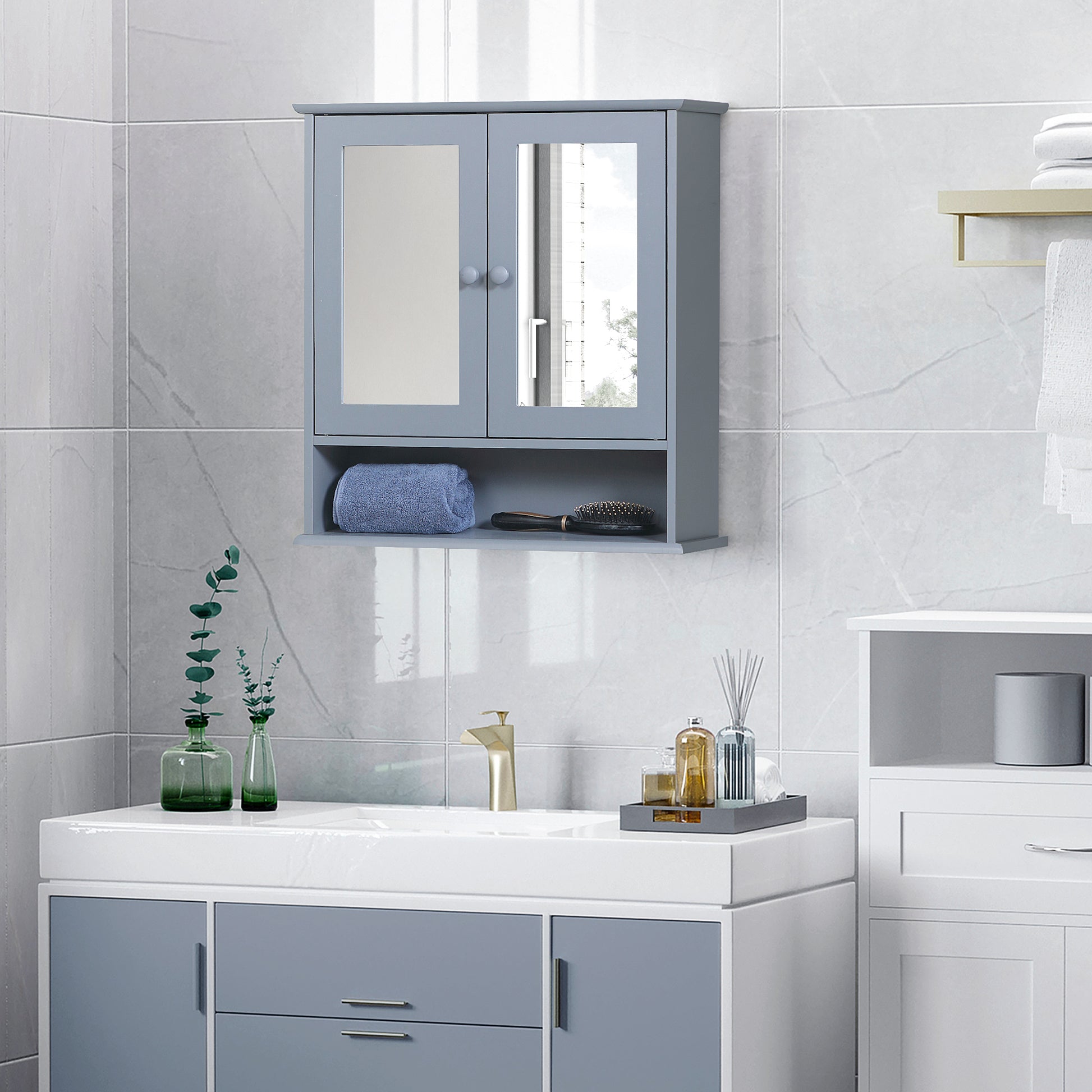 Wall Cabinet Bathroom Shelf 56L x 13W x 58H cm Double Mirror Door Adjustable Shelf MDF Gray