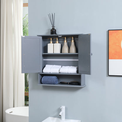 Wall Cabinet Bathroom Shelf 56L x 13W x 58H cm Double Mirror Door Adjustable Shelf MDF Gray