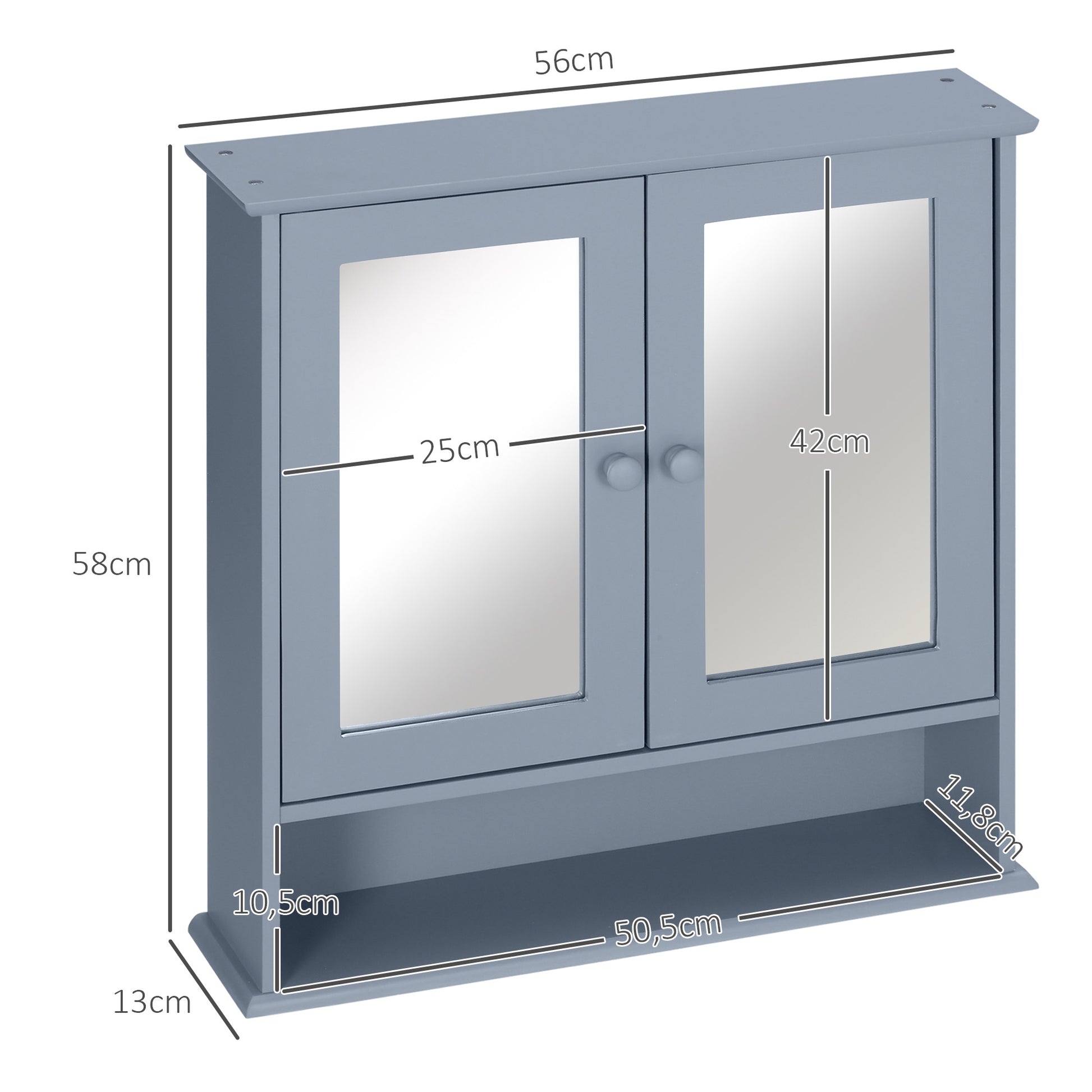 Wall Cabinet Bathroom Shelf 56L x 13W x 58H cm Double Mirror Door Adjustable Shelf MDF Gray