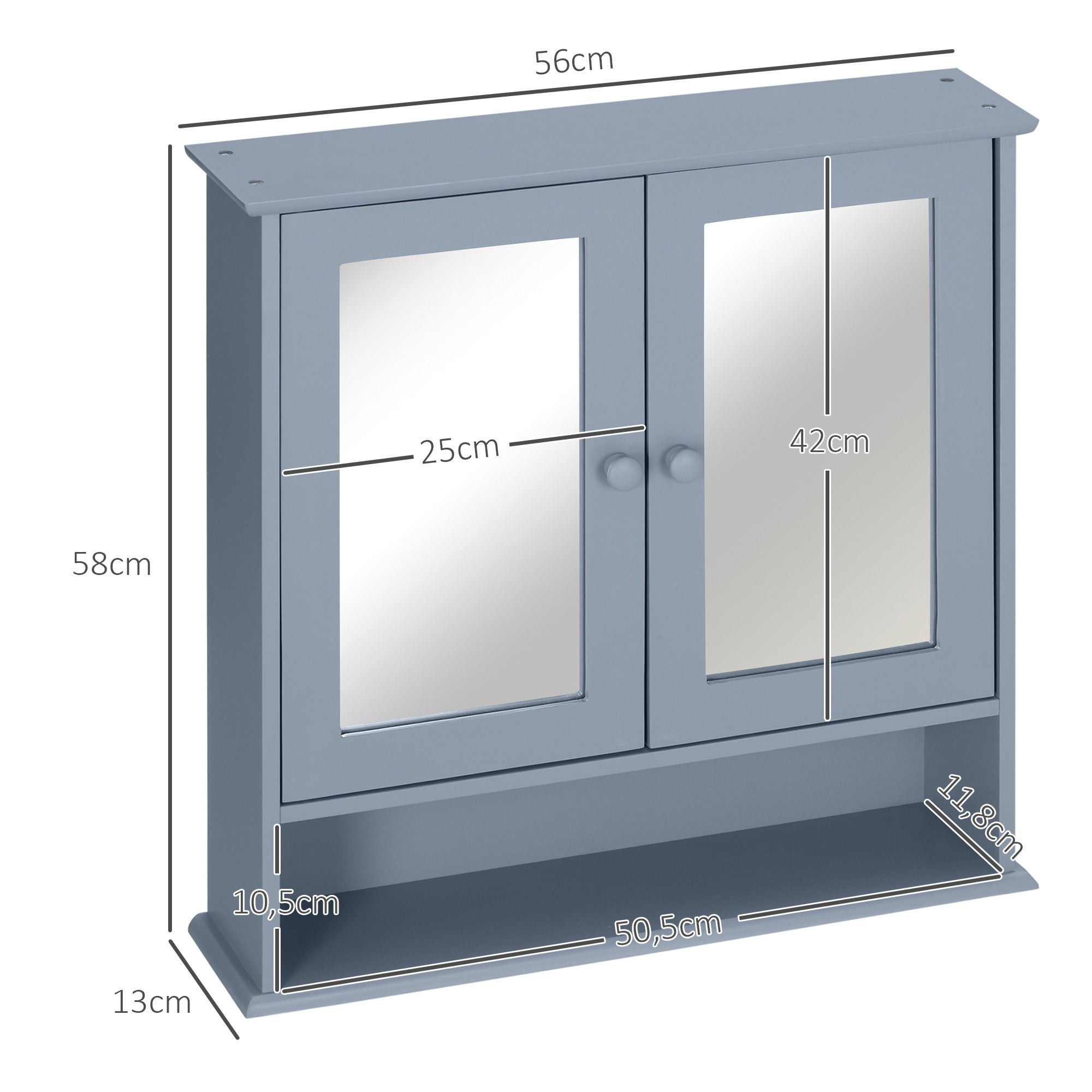 Wall Cabinet Bathroom Shelf 56L x 13W x 58H cm Double Mirror Door Adjustable Shelf MDF Gray