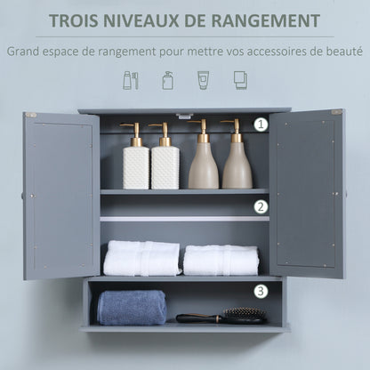 Wall Cabinet Bathroom Shelf 56L x 13W x 58H cm Double Mirror Door Adjustable Shelf MDF Gray