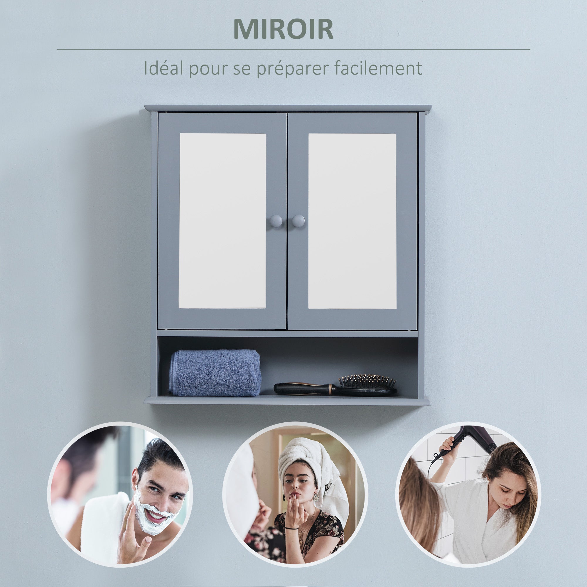 Wall Cabinet Bathroom Shelf 56L x 13W x 58H cm Double Mirror Door Adjustable Shelf MDF Gray