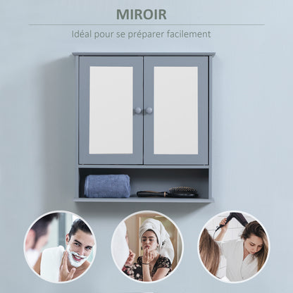 Wall Cabinet Bathroom Shelf 56L x 13W x 58H cm Double Mirror Door Adjustable Shelf MDF Gray