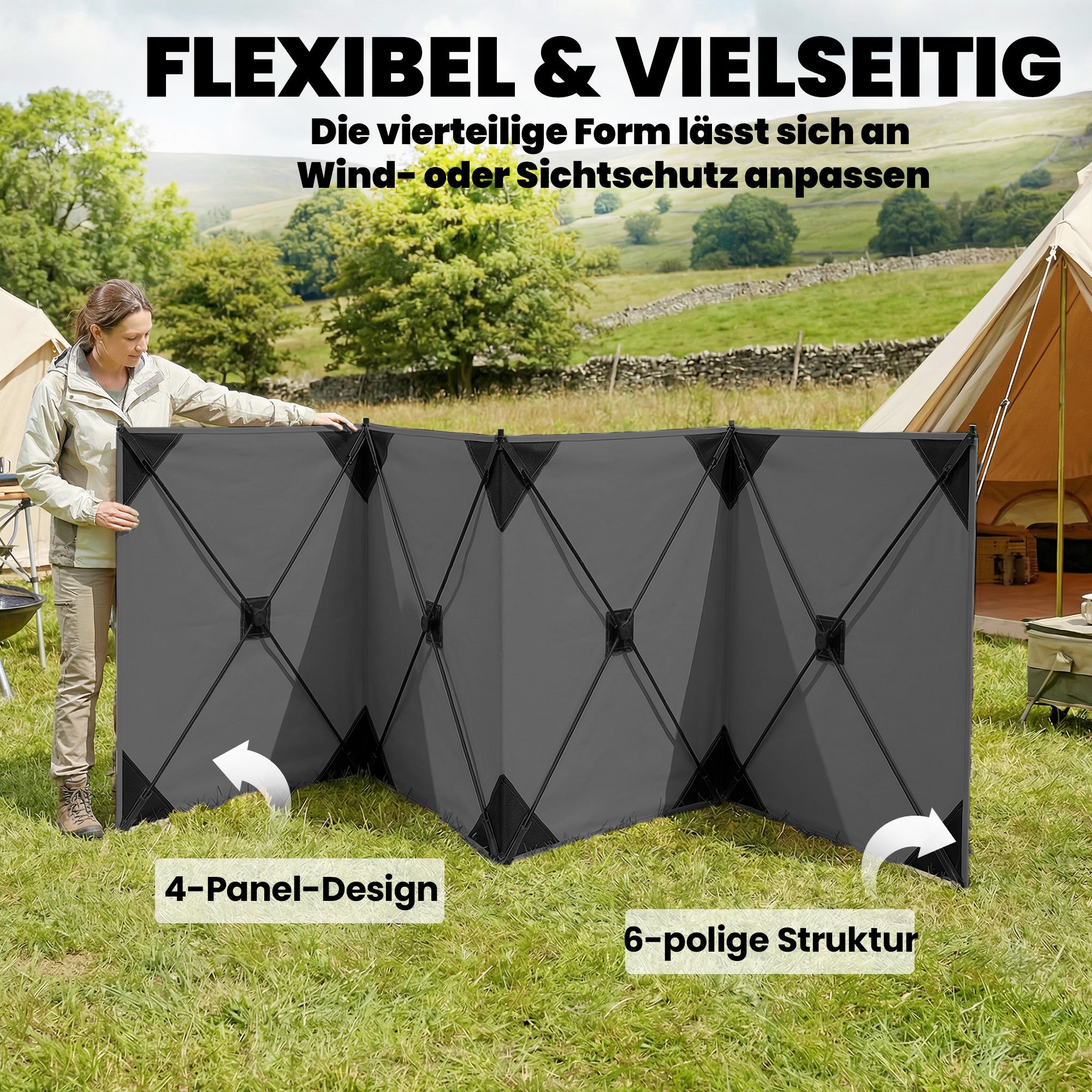 Foldable Windbreak – Camping Privacy Screen with Guy Ropes, Ground Pegs & Carry Bag, 480 x 120 cm (15 ft 9 in x 3 ft 11 in), Dark Gray
