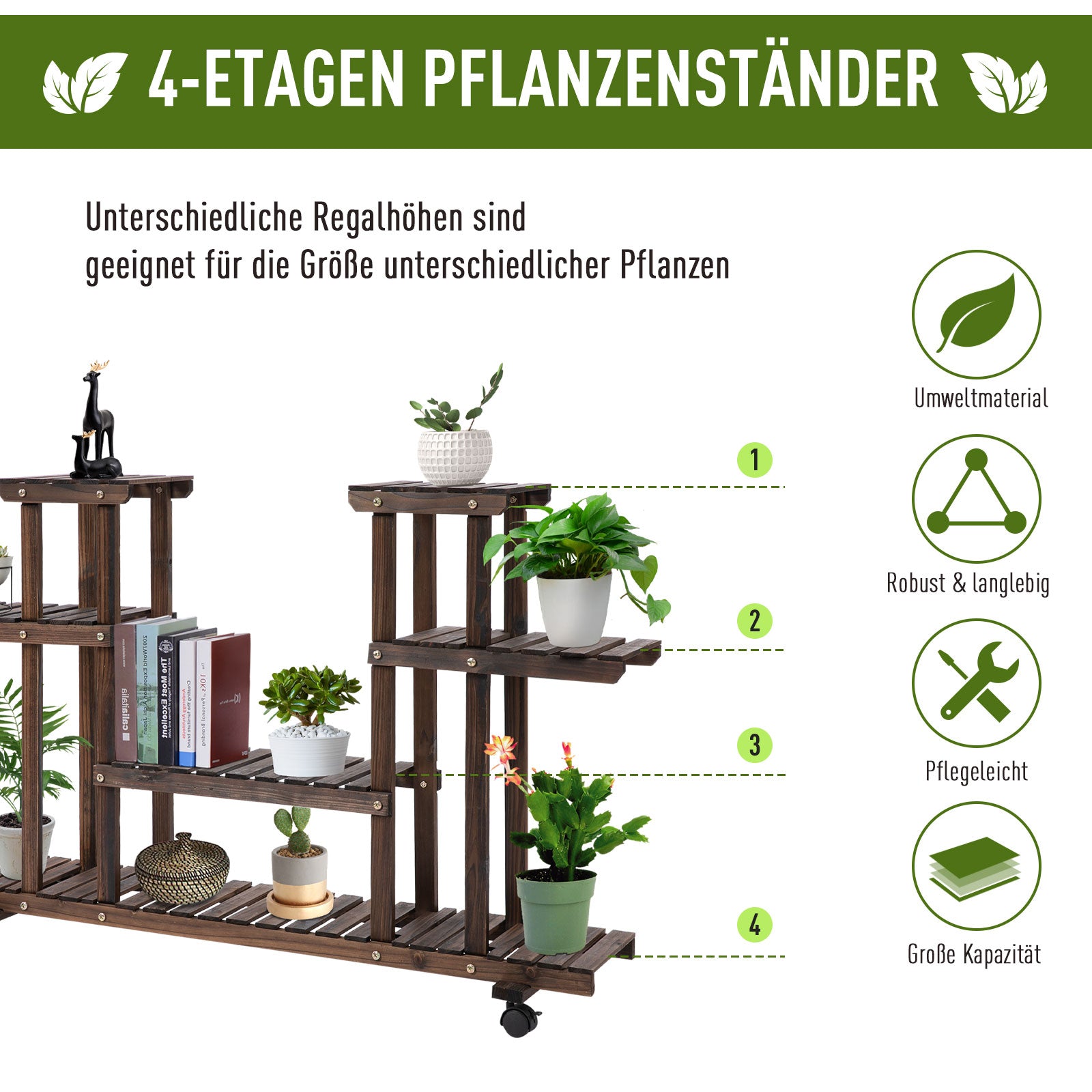 4-tier Plant Stand, 80cm High Flower Stand for Indoor Outdoor, Wooden Plant Shelf, Multi-layer Flower Rack, Flower Stand Flower Pot Stand for Living Room, Garden Balcony, Charcoal
