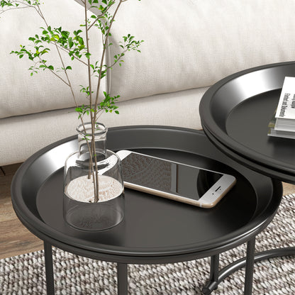 Round Coffee Table 2-Piece Set Stackable Living Room Table Side Table with Removable Tabletops Coffee Table Nesting Table with Metal Frame for Living Room Black