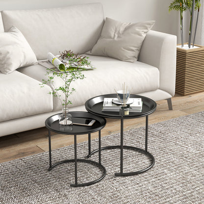 Round Coffee Table 2-Piece Set Stackable Living Room Table Side Table with Removable Tabletops Coffee Table Nesting Table with Metal Frame for Living Room Black