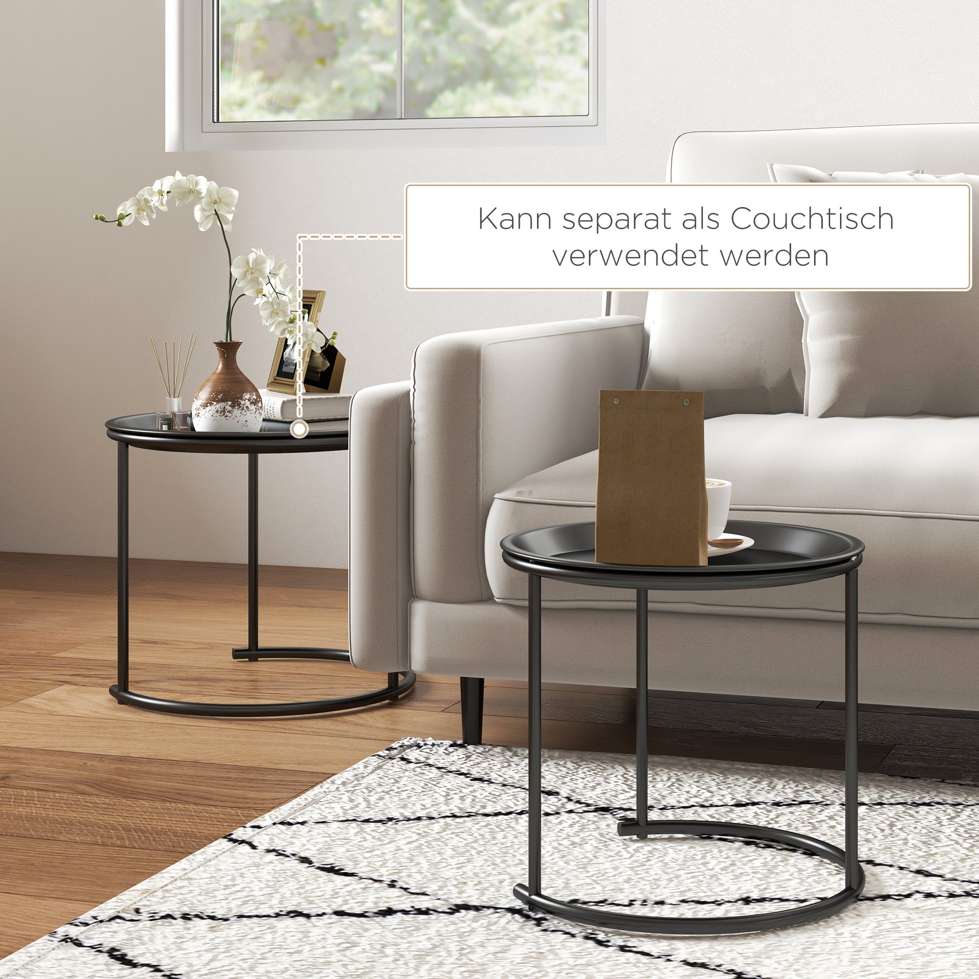 Round Coffee Table 2-Piece Set Stackable Living Room Table Side Table with Removable Tabletops Coffee Table Nesting Table with Metal Frame for Living Room Black