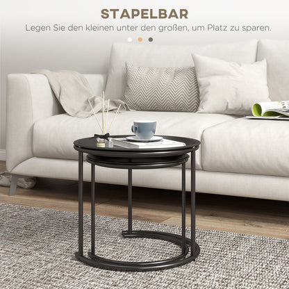 Round Coffee Table 2-Piece Set Stackable Living Room Table Side Table with Removable Tabletops Coffee Table Nesting Table with Metal Frame for Living Room Black
