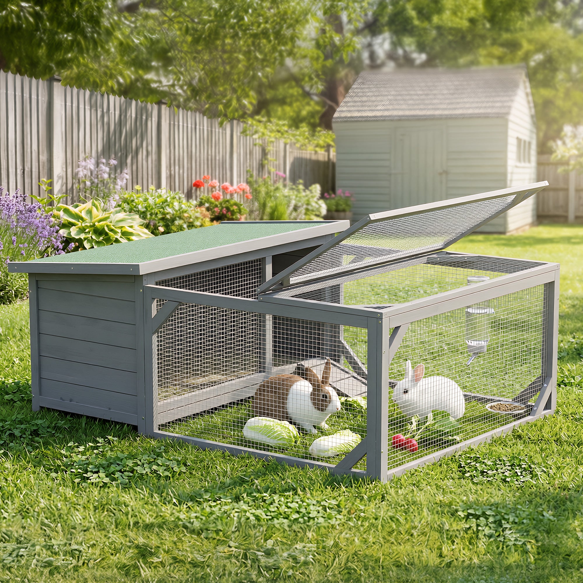 Wooden Rabbit Hutch with Run, 125.5 x 100 x 49 cm – Lift-Top Asphalt Roof, Doors, Outdoor Hutch for Rabbits & Guinea Pigs, Gray