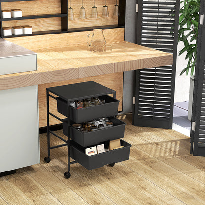 Serving Cart with 3 Levels Kitchen Trolley with Handle and Wheels Utility Cart with 3 Spacious Baskets Kitchen Shelf Kitchen Trolley for Kitchen Office Bathroom, Black