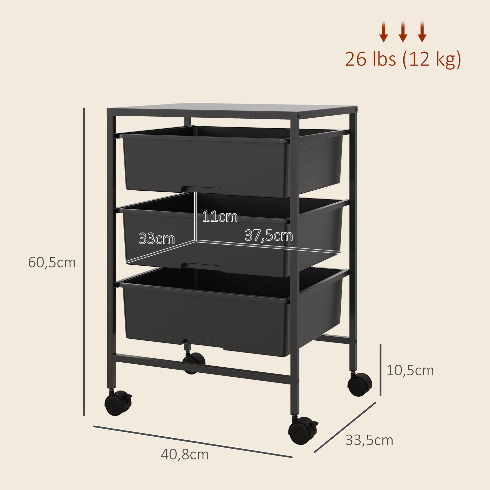 Serving Cart with 3 Levels Kitchen Trolley with Handle and Wheels Utility Cart with 3 Spacious Baskets Kitchen Shelf Kitchen Trolley for Kitchen Office Bathroom, Black