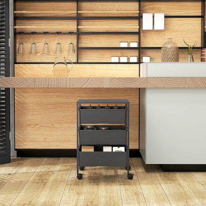 Serving Cart with 3 Levels Kitchen Trolley with Handle and Wheels Utility Cart with 3 Spacious Baskets Kitchen Shelf Kitchen Trolley for Kitchen Office Bathroom, Black