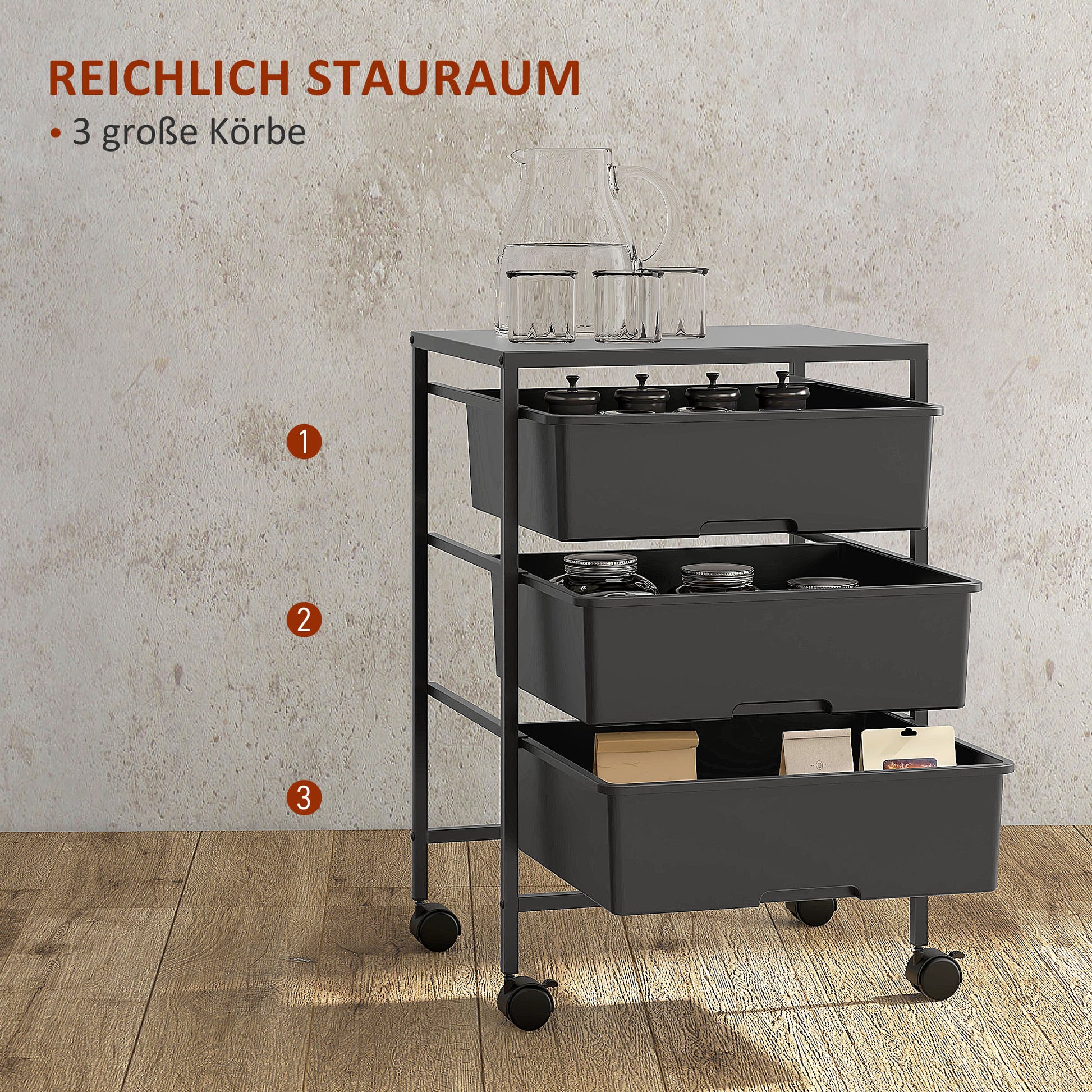 Serving Cart with 3 Levels Kitchen Trolley with Handle and Wheels Utility Cart with 3 Spacious Baskets Kitchen Shelf Kitchen Trolley for Kitchen Office Bathroom, Black