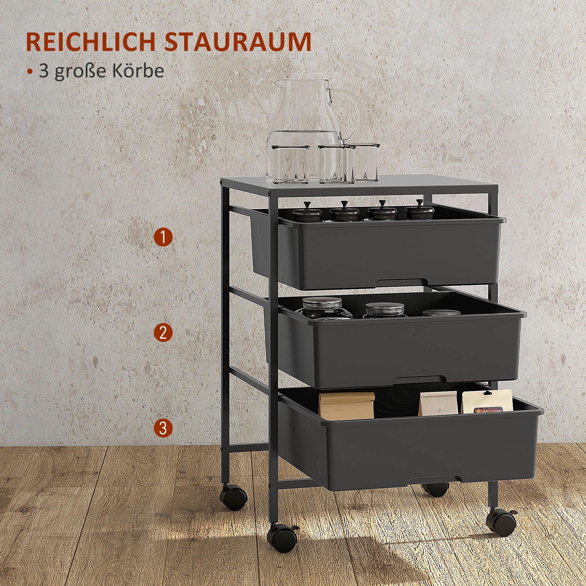 Serving Cart with 3 Levels Kitchen Trolley with Handle and Wheels Utility Cart with 3 Spacious Baskets Kitchen Shelf Kitchen Trolley for Kitchen Office Bathroom, Black