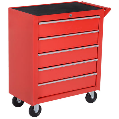 Workshop Trolley with Wheels, Tool Cart with 5 Drawers, Lockable Assembly Cart with Brake, Mobile Rolling Cart, Max Load 150kg, Steel, Red