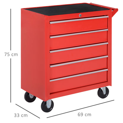 Workshop Trolley with Wheels, Tool Cart with 5 Drawers, Lockable Assembly Cart with Brake, Mobile Rolling Cart, Max Load 150kg, Steel, Red