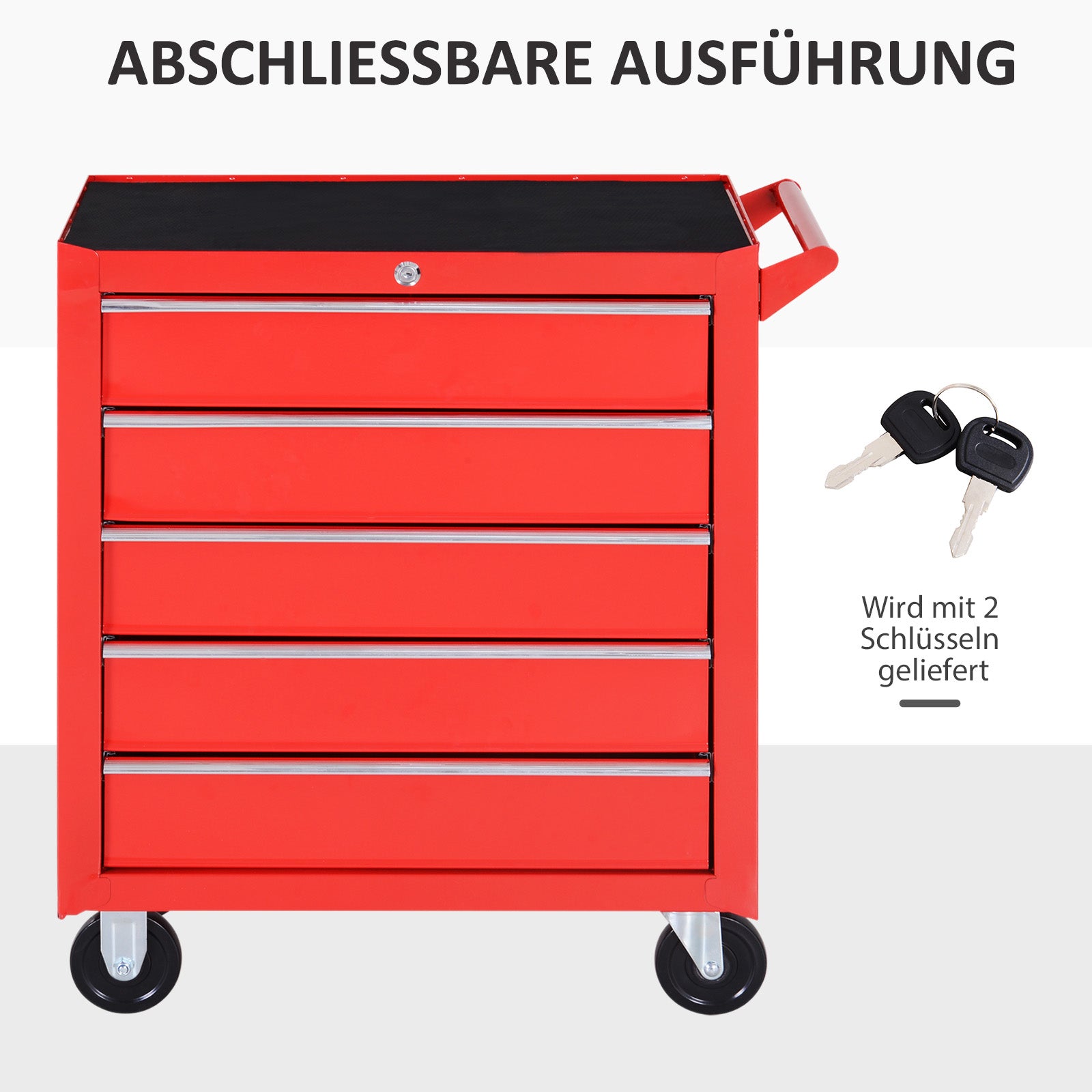 Workshop Trolley with Wheels, Tool Cart with 5 Drawers, Lockable Assembly Cart with Brake, Mobile Rolling Cart, Max Load 150kg, Steel, Red